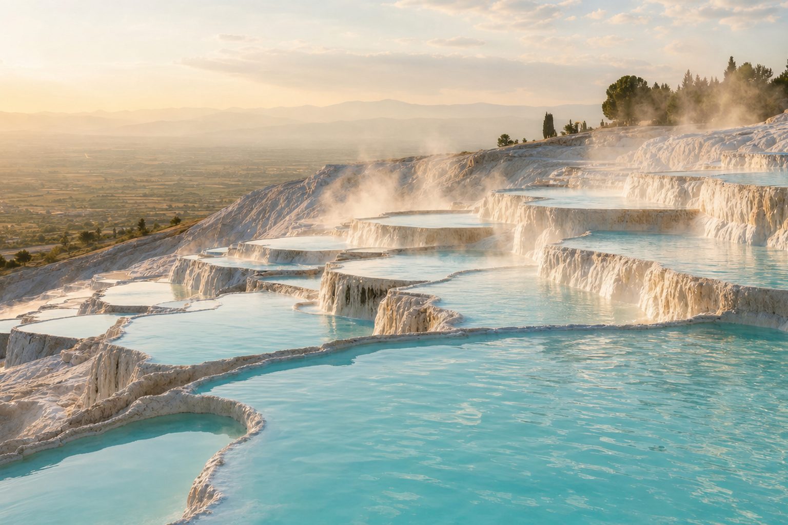 Bare white travertine terraces filled with shallow pale-blue water in the foreground, the ruins of Hierapolis on the ridge beyond, and warm late-afternoon light across a clear Turkish sky, with no people.