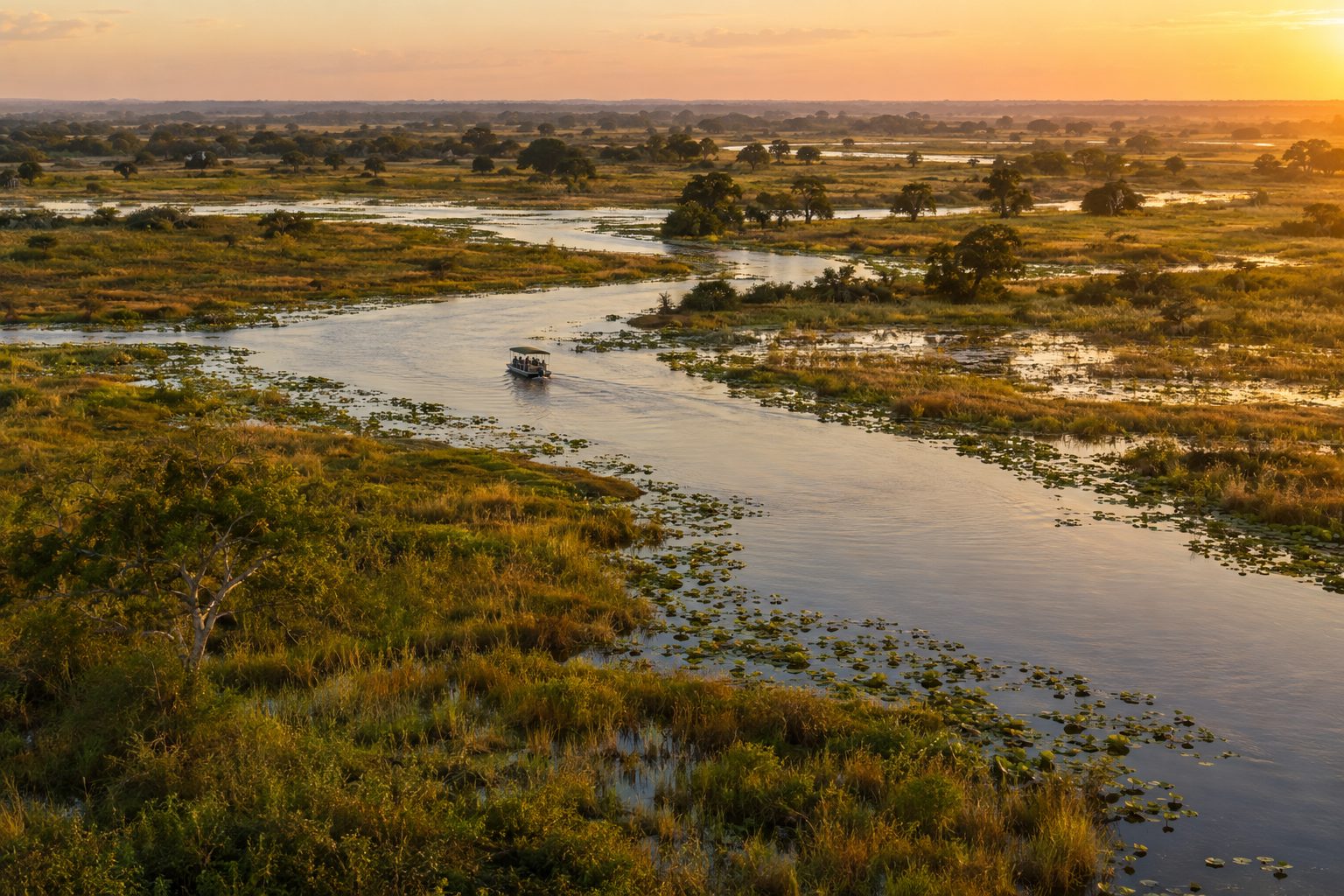 A winding river curves through golden flooded grasslands of the Pantanal in late-afternoon light, lily-covered channels and scattered trees in the foreground, a small open safari boat on the water in the middle distance, and the wetland stretching to a warm hazy horizon.