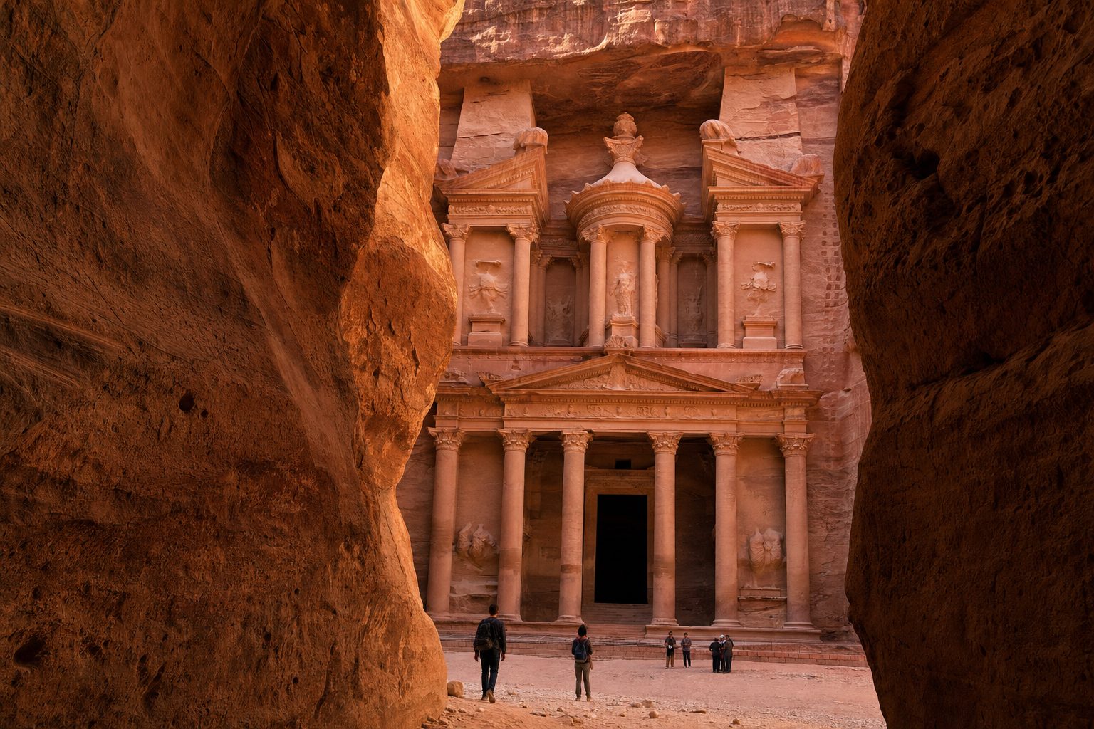 A narrow sandstone Siq fills the foreground and opens in the midground onto Petra’s Treasury, its rose-coloured carved façade lit by low amber evening sun beneath a clear pale-blue sky, with no people visible.