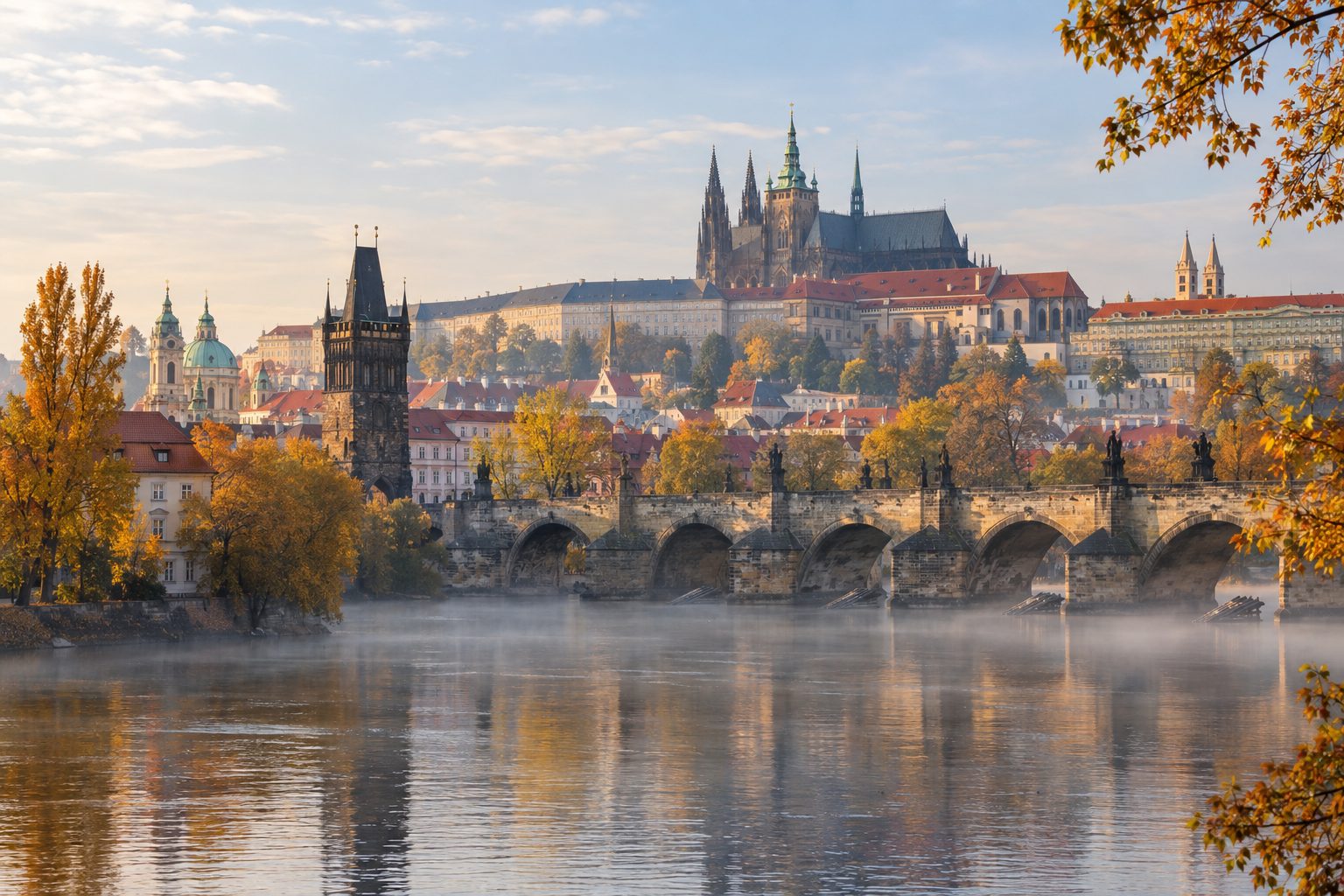 A view over the Vltava river at sunrise with Charles Bridge and its stone arches in the midground, golden autumn trees lining the banks, and Prague Castle with the spires of St Vitus Cathedral rising on the hill behind, soft morning light and slight mist over the water.