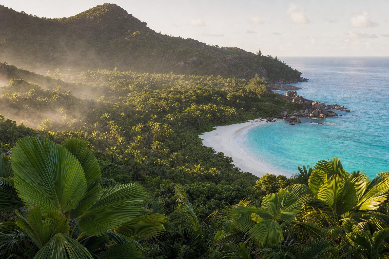 A quiet granite-boulder beach cove at dawn, pale sand in the foreground, turquoise shallows in the midground framed by weathered grey granite rocks and leaning palm trees, dense green hillside forest rising in the background under a soft pink-gold early morning sky.