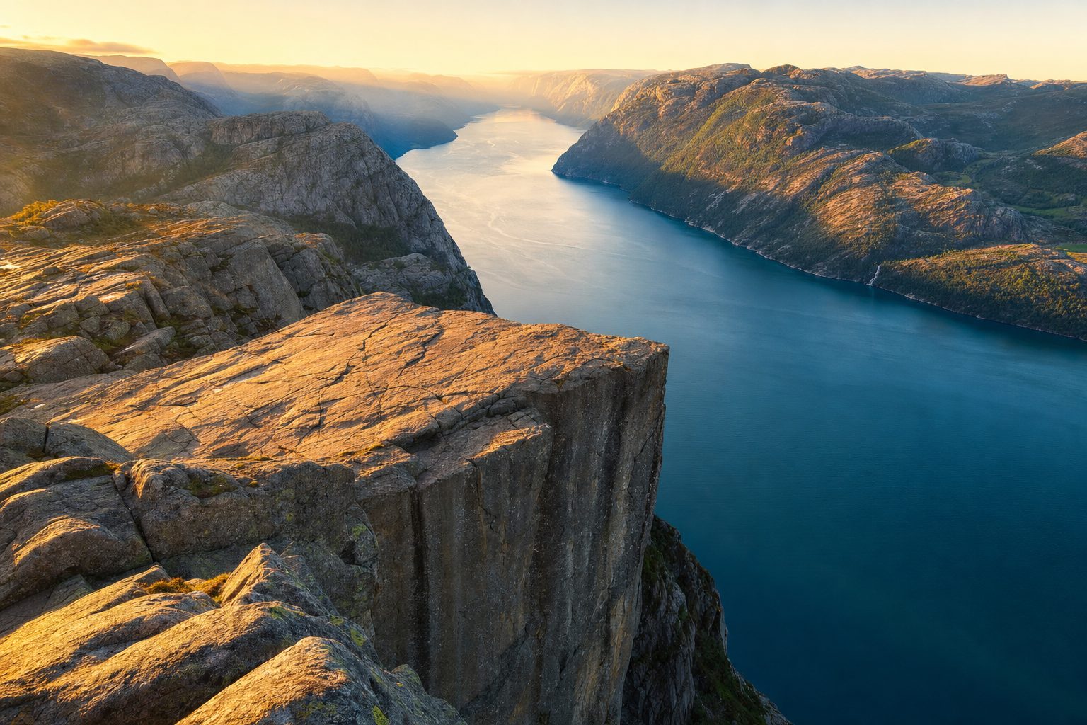 A flat square granite plateau juts from a sheer cliff face in the foreground, its bare rock glowing warm in low golden morning light; in the midground the deep blue-green ribbon of Lysefjord stretches between steep grey-and-green fjord walls streaked with thin waterfalls; in the background layered ridgelines fade into soft haze under a clear pale-gold sky, with no people visible.
