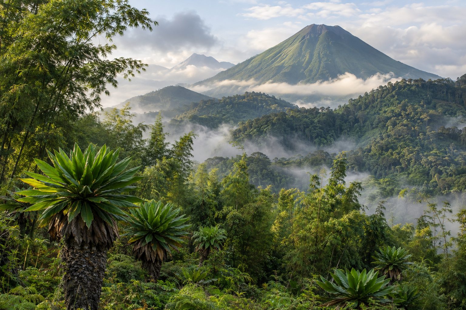 Misty bamboo forest slopes in Volcanoes National Park with giant lobelia plants in the foreground, layered ridges of rainforest in the midground, and the green cone of a Virunga volcano rising behind, soft equatorial morning light breaking through the mist, no people.