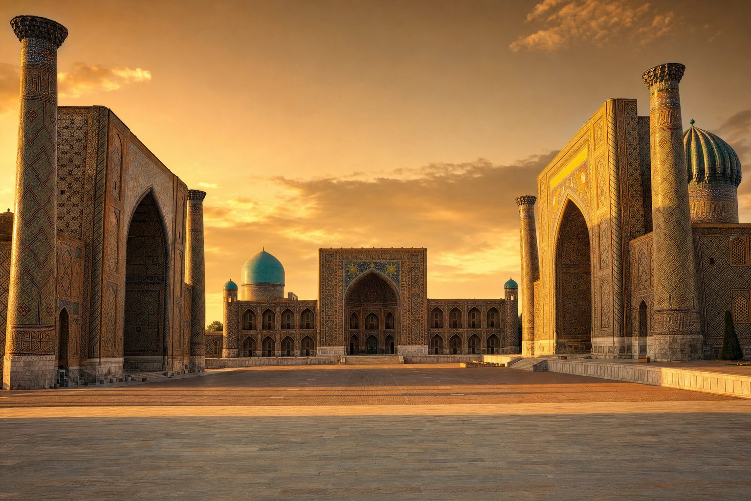 Registan Square in Samarkand at golden hour: in the foreground the empty stone plaza glows warm; midground, the tiled portals and minarets of the Ulugh Beg and Tilya-Kori madrasas rise in turquoise and gold with fluted azure domes; background, a soft amber sky deepens over the rooflines, with no people visible.