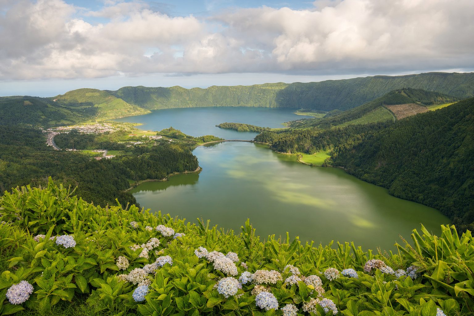 A twin-coloured volcanic crater lake, one half pale green and one half deep blue, seen from a high stone viewpoint with steep grassy caldera walls in the midground and layered mist drifting over a patchwork of green fields and a distant village in the background, soft overcast light.