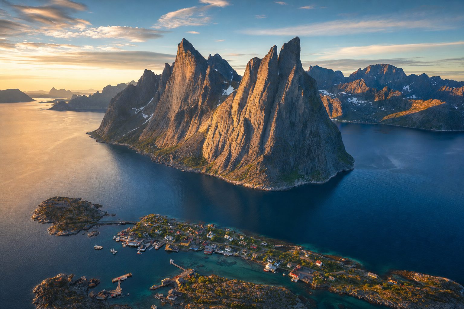 A wooden boardwalk crosses dark coastal rocks in the foreground, calm blue water and the jagged Okshornan mountains fill the midground, and a pale midnight-sun sky glows behind distant ridges, with no people.