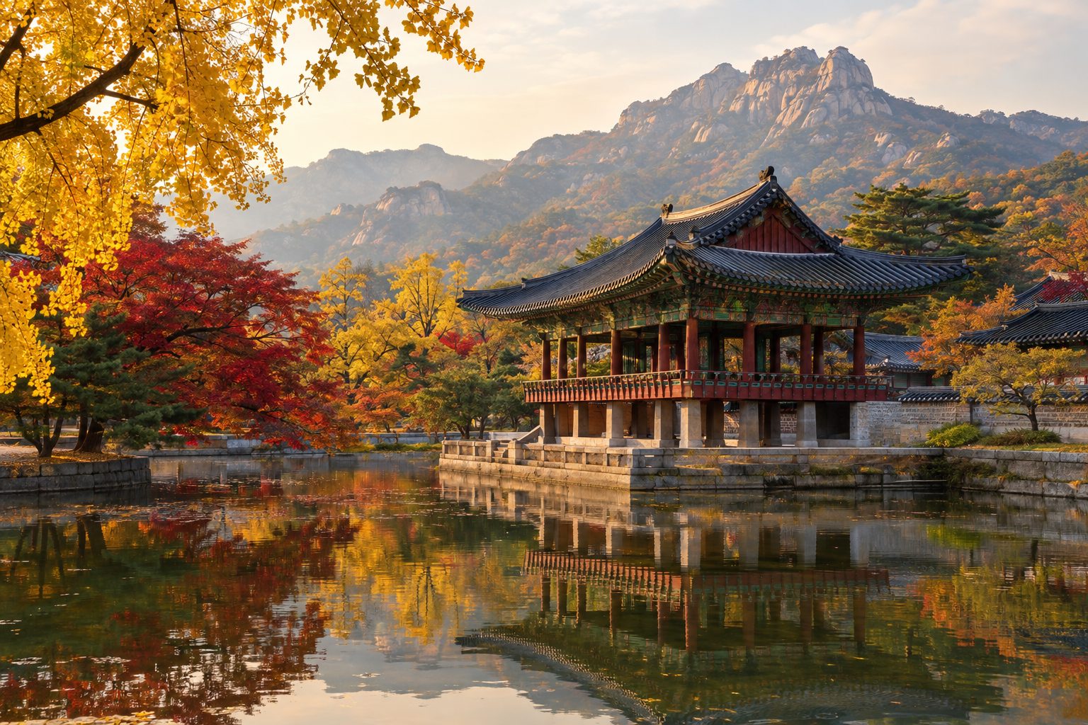 A traditional Korean palace pavilion with a curved tiled roof stands beside a still pond in the foreground, framed by golden ginkgo and red maple trees in the midground, with the granite peaks of Bukhansan rising in soft haze behind under warm late-afternoon light.