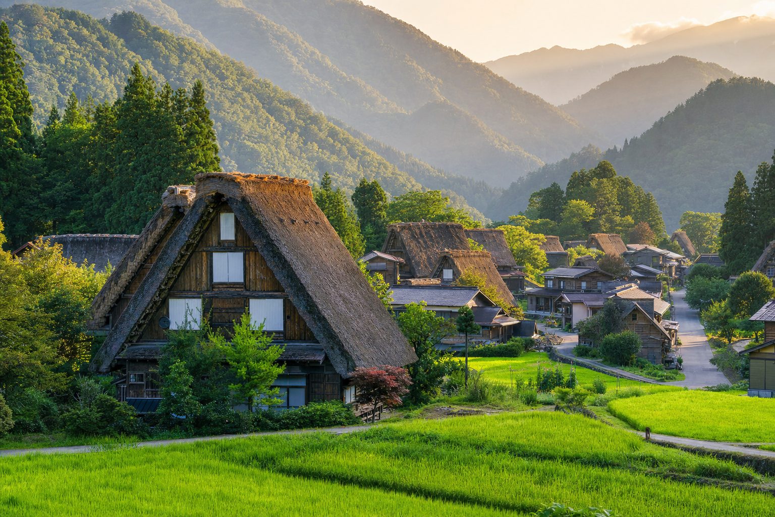 Steep thatched gassho-zukuri farmhouses with triangular roofs stand among green rice fields in the foreground, wooden village lanes in the midground, and forested mountains rising into soft morning light in the background, with no people visible.