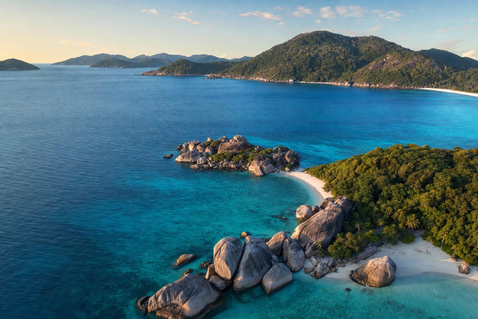 Giant smooth granite boulders rise from white sand in the foreground of a curving Andaman Sea bay, clear turquoise water shading to deep blue in the midground, and forested granite islands under soft morning light in the background, with no people or boats.