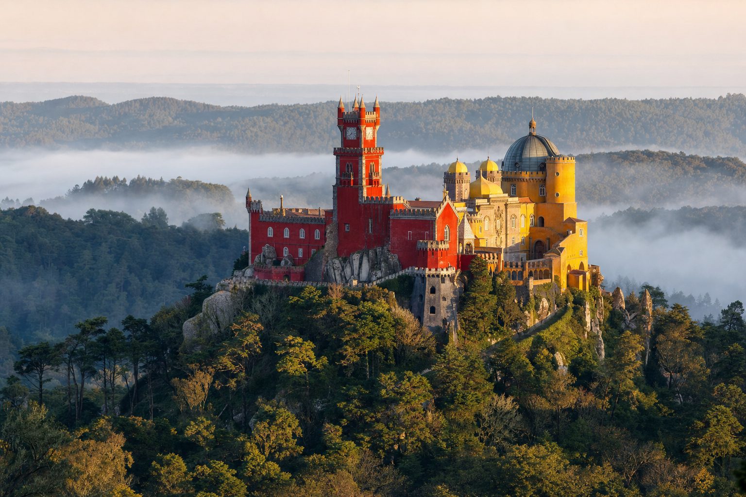 The red and yellow Palácio da Pena crowning a forested hilltop in Sintra at sunrise, its clock tower and domed terraces lit by golden light in the foreground, thin white mist threading through dense green woodland in the midground, and layered hazy ridgelines fading to a pale sky in the background.