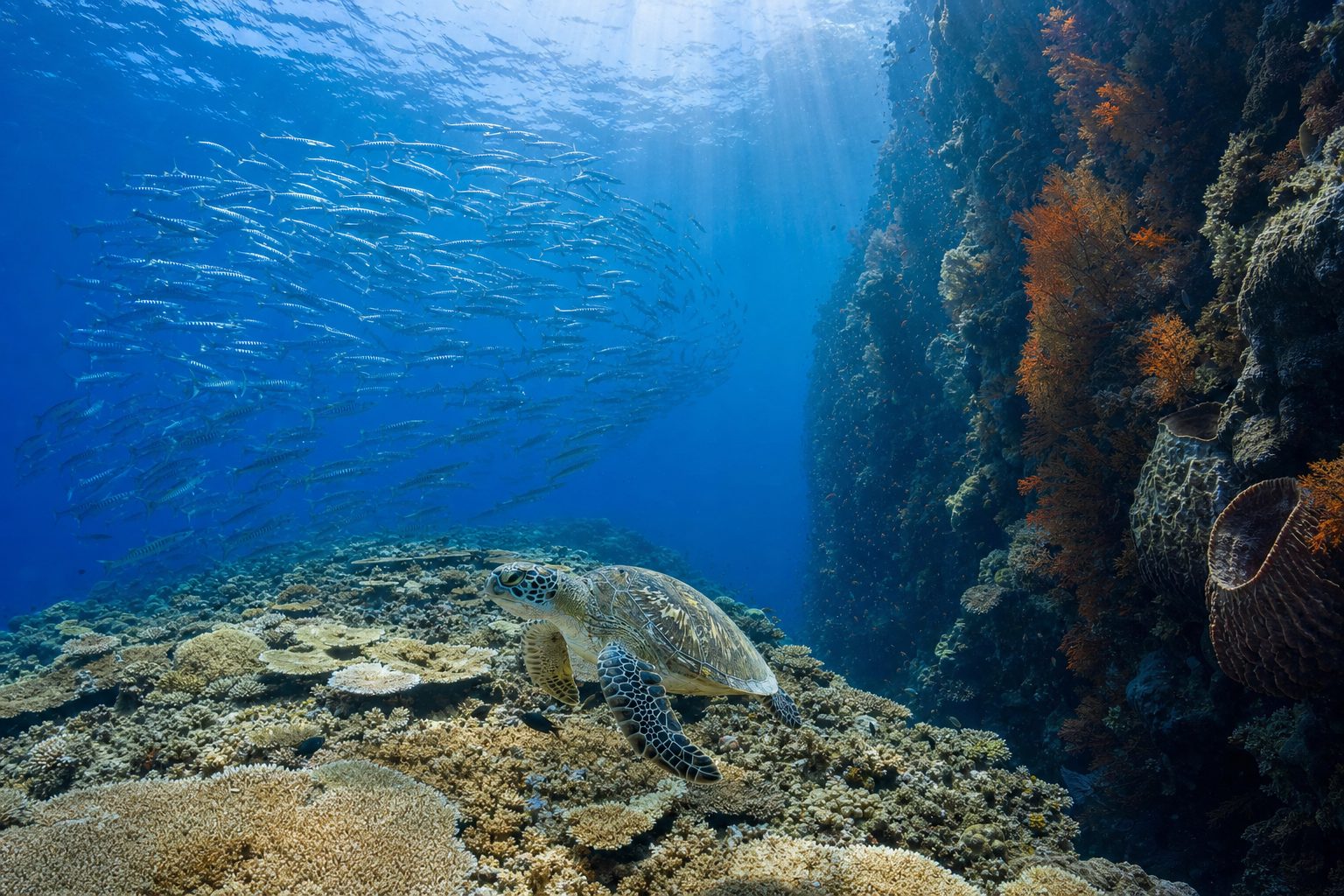 Underwater view along Sipadan's vertical coral wall dropping into deep blue, a dense swirling school of chevron barracuda in the midground, a green turtle gliding over the sunlit reef top in the foreground and light rays filtering from the surface, no people.