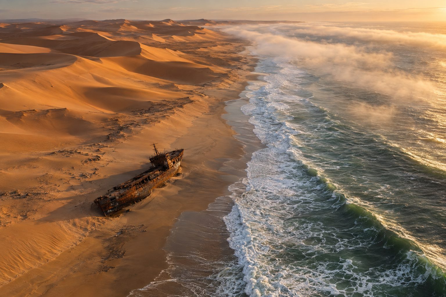 Cinematic aerial view of Namibia's Skeleton Coast at golden morning light: in the foreground a rusted shipwreck half buried in sand on an empty beach, in the midground apricot desert dunes meeting cold green Atlantic surf, and in the background thin sea fog drifting along the shoreline; no people.
