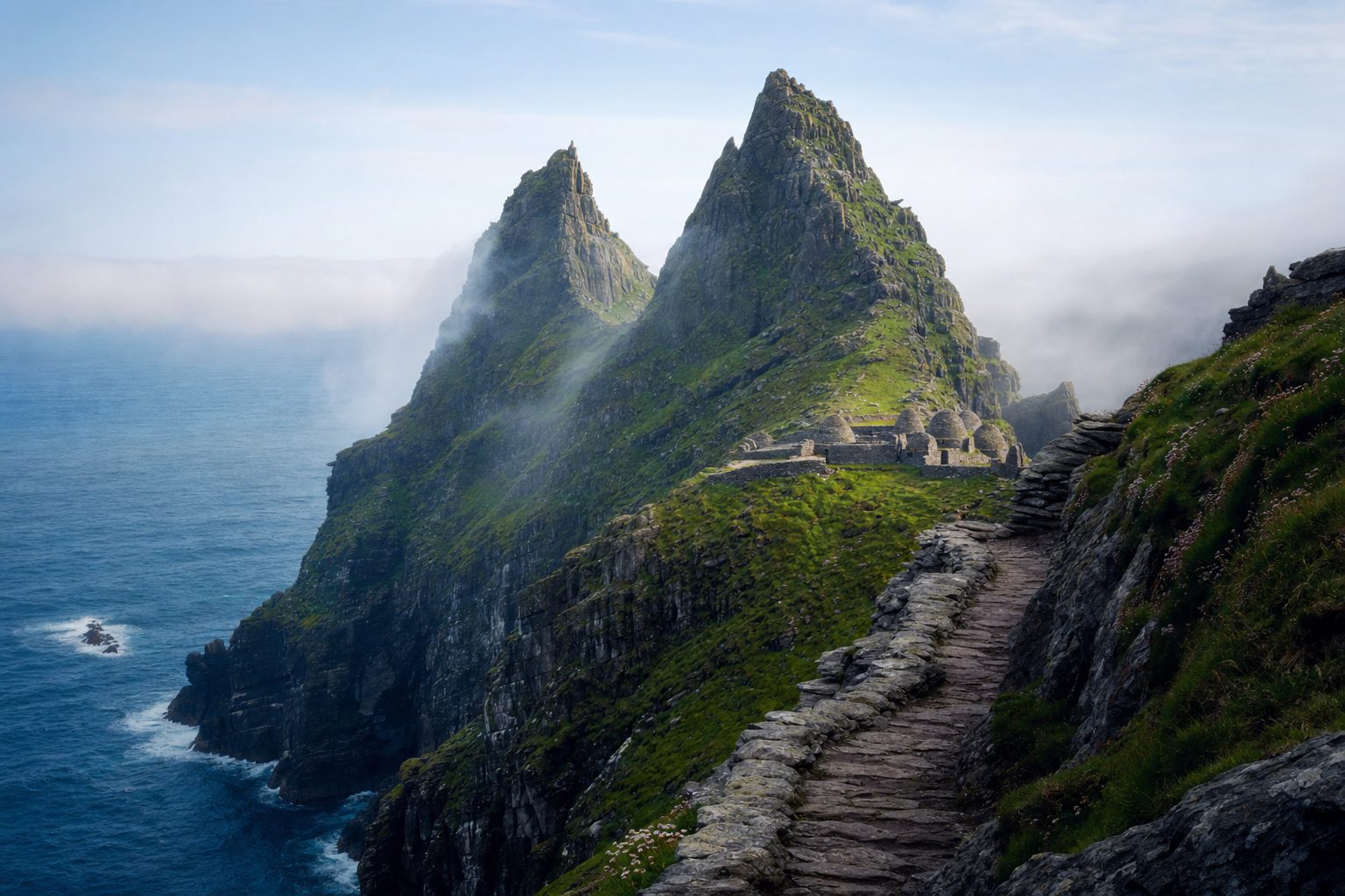 Jagged twin-peaked rocky island rising steeply from a deep blue Atlantic swell, with ancient hand-cut stone steps zigzagging up a grassy slope in the foreground and clustered drystone beehive huts on a terraced ledge in the midground, sea mist and a pale early-morning sky over open ocean in the background, no people visible.