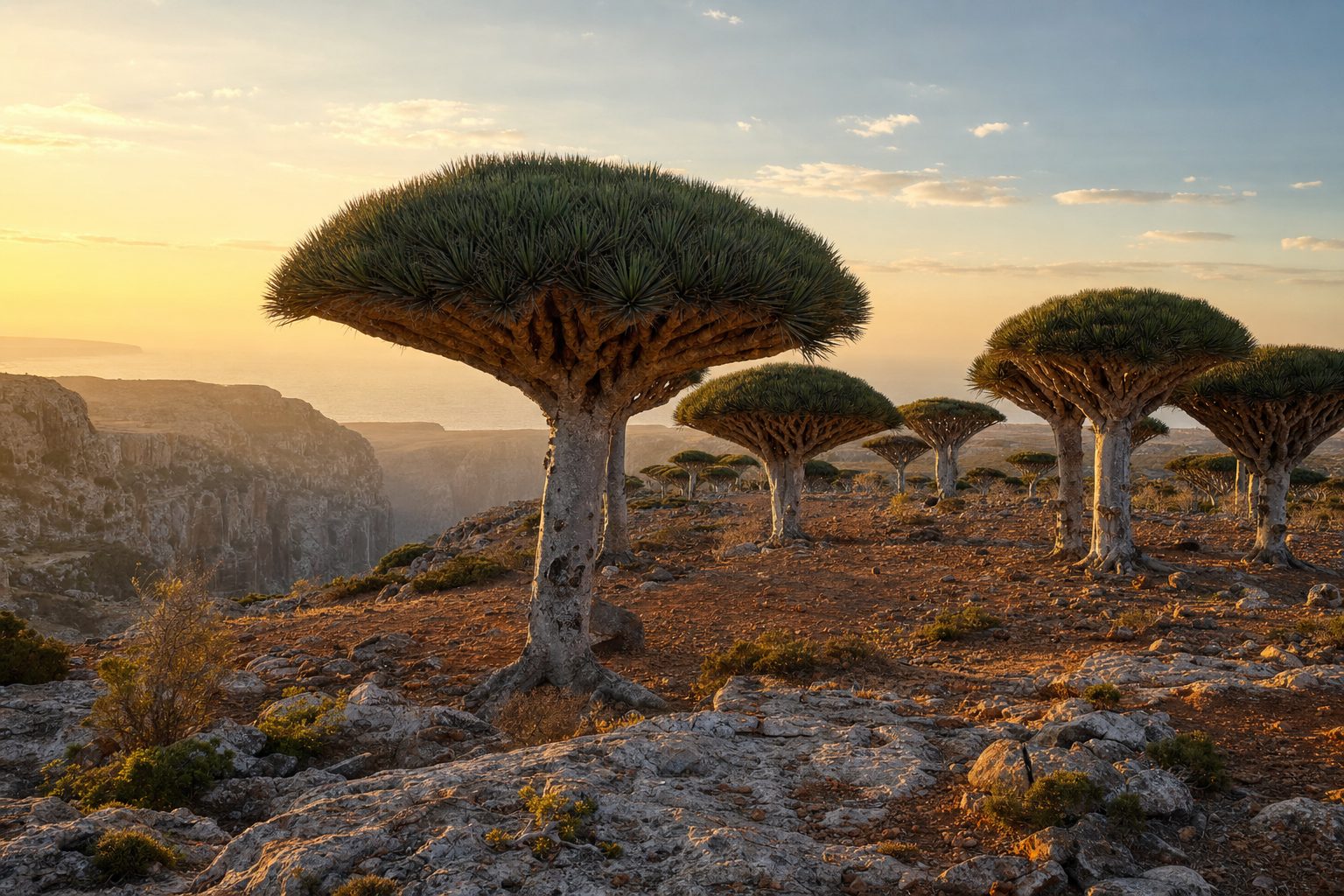 Umbrella-shaped dragon blood trees on Socotra's Diksam plateau at golden hour, their dense green crowns lit from the side, with rust-red limestone ground and sparse scrub in the foreground and a hazy canyon and distant sea under a warm sky beyond.