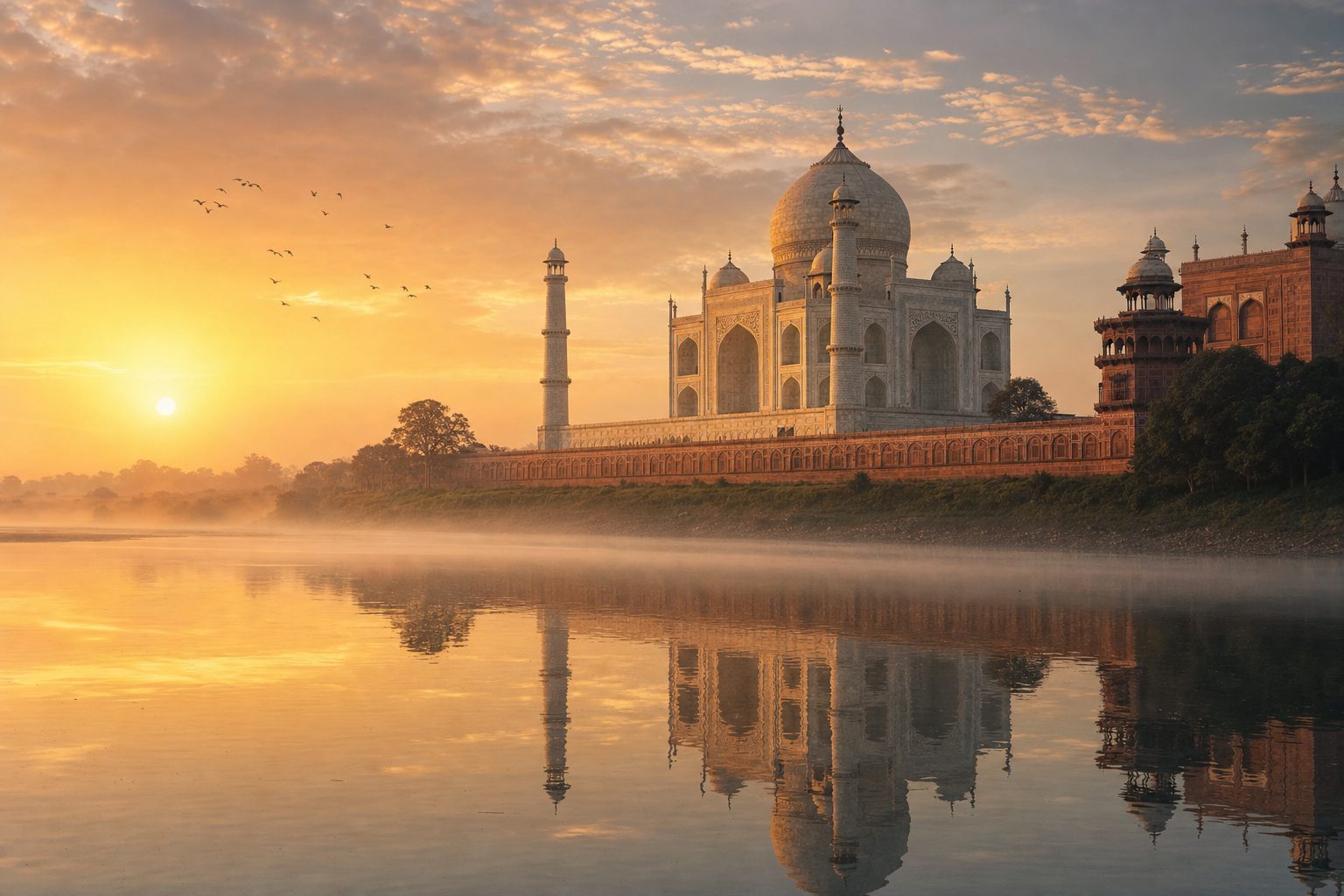 A long reflecting pool leads through a formal garden in the foreground to the white-marble Taj Mahal in the midground, with its minarets and a pale dawn sky behind, no people.