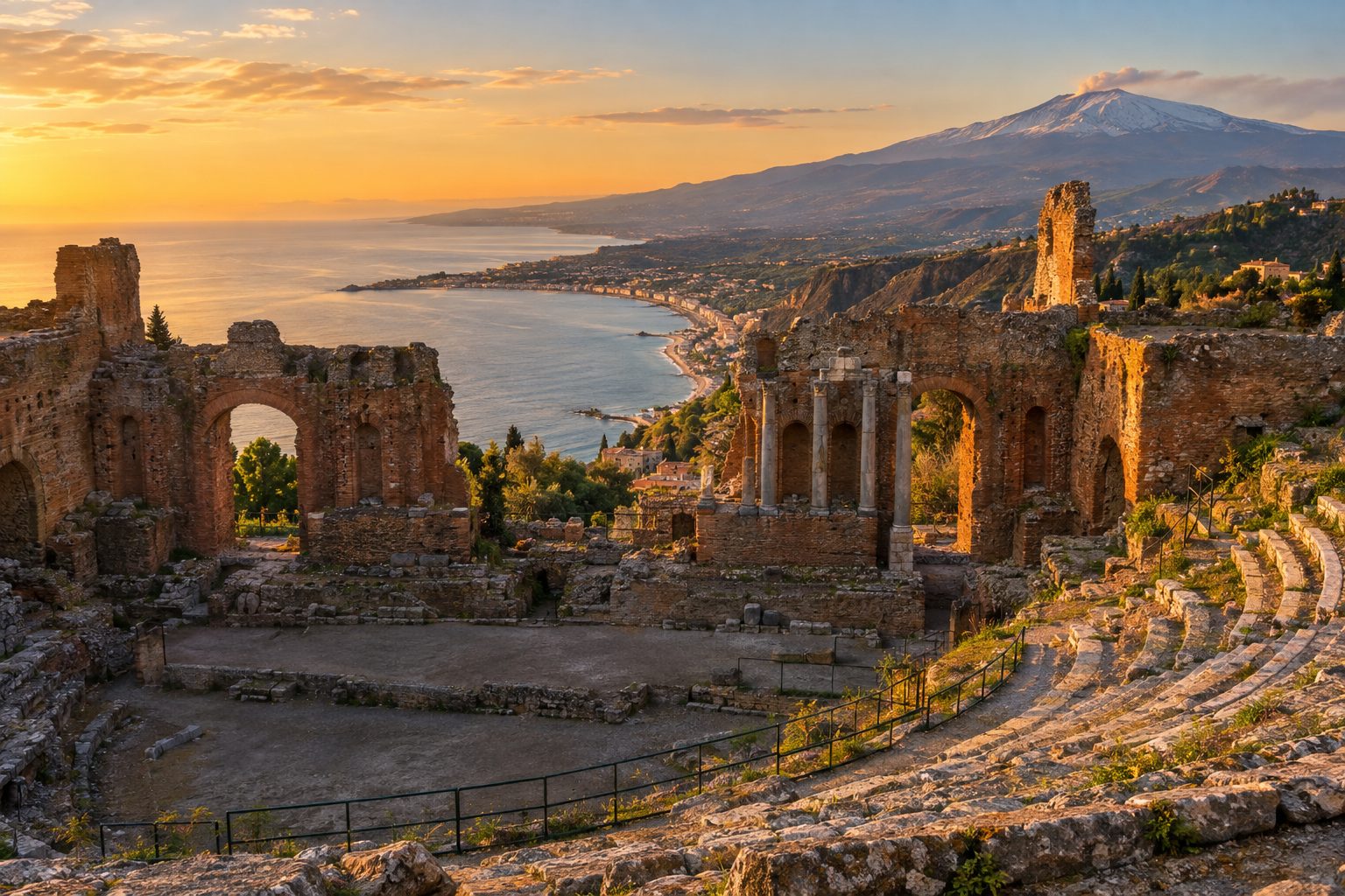 Golden-hour view from the stone tiers of Taormina's ancient Greek theatre: weathered brick and ruined columns in the foreground frame a sweeping curve of Sicilian coastline far below in the midground, with a distant snow-dusted Mount Etna on the horizon under warm evening light; no people.