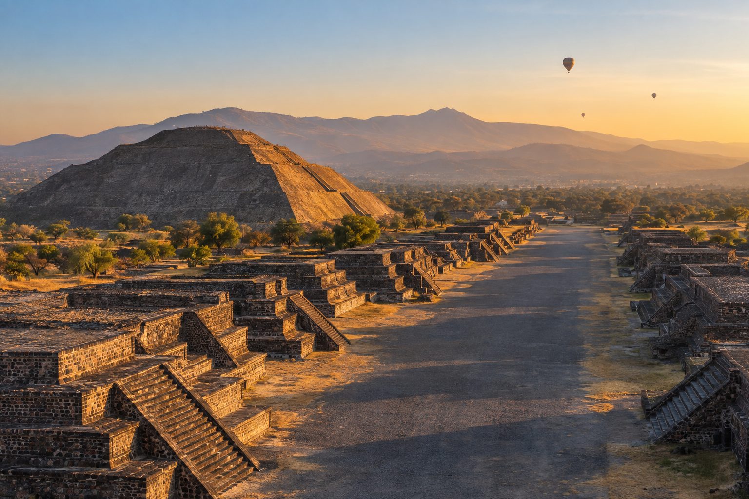 The long straight Avenue of the Dead stretches toward the massive stepped Pyramid of the Sun in warm golden morning light, with low ochre stone platforms in the foreground, dry mountains on the horizon and a few tiny hot-air balloons in the dawn sky.