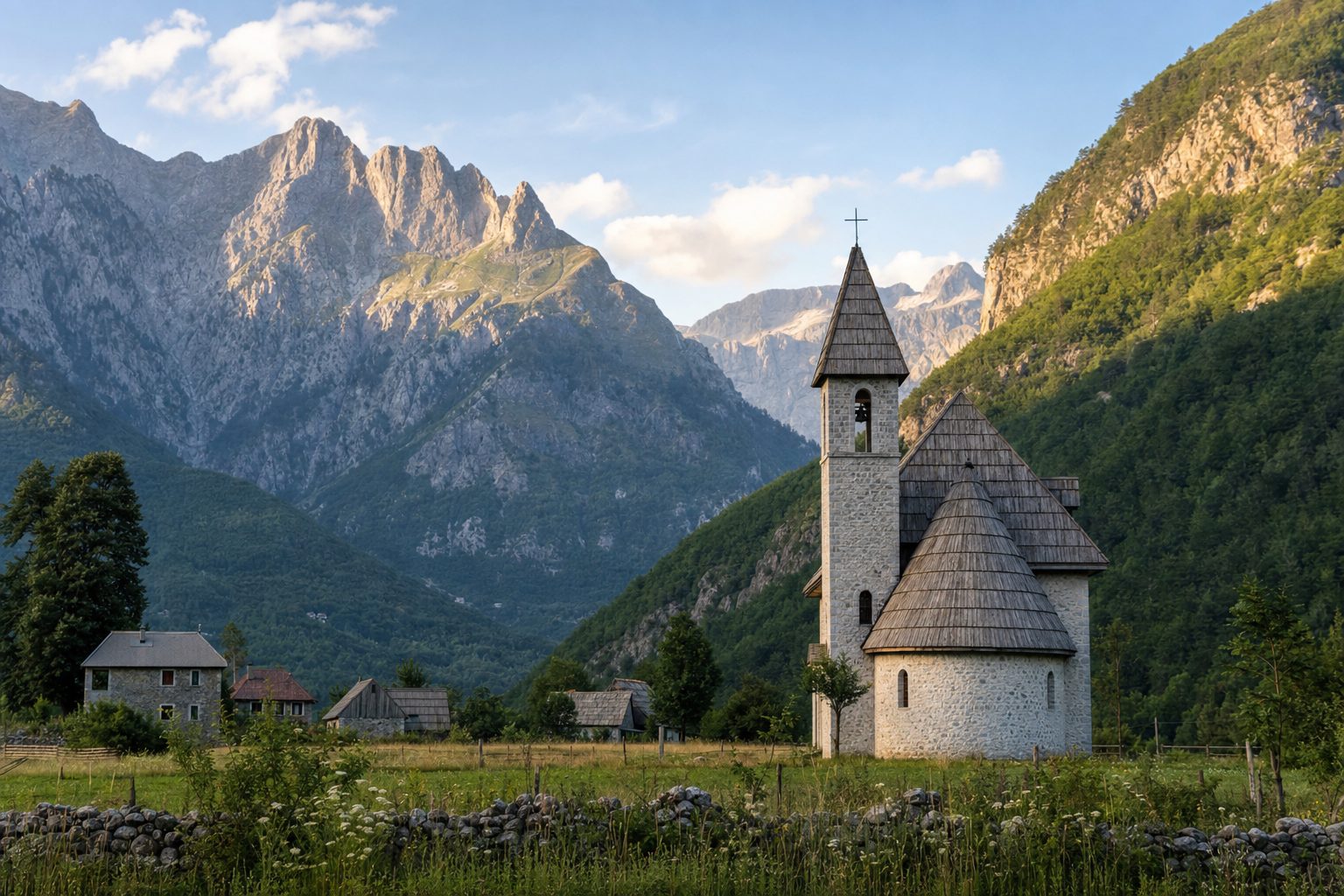 A small stone-and-timber church with a slate roof stands alone in a green hay meadow in the foreground, lit by warm low golden light; in the midground beech-forested slopes climb steeply from the flat valley floor; in the background sheer grey limestone peaks of the Albanian Alps rise into a clear pale sky with a few soft clouds, with no people visible.