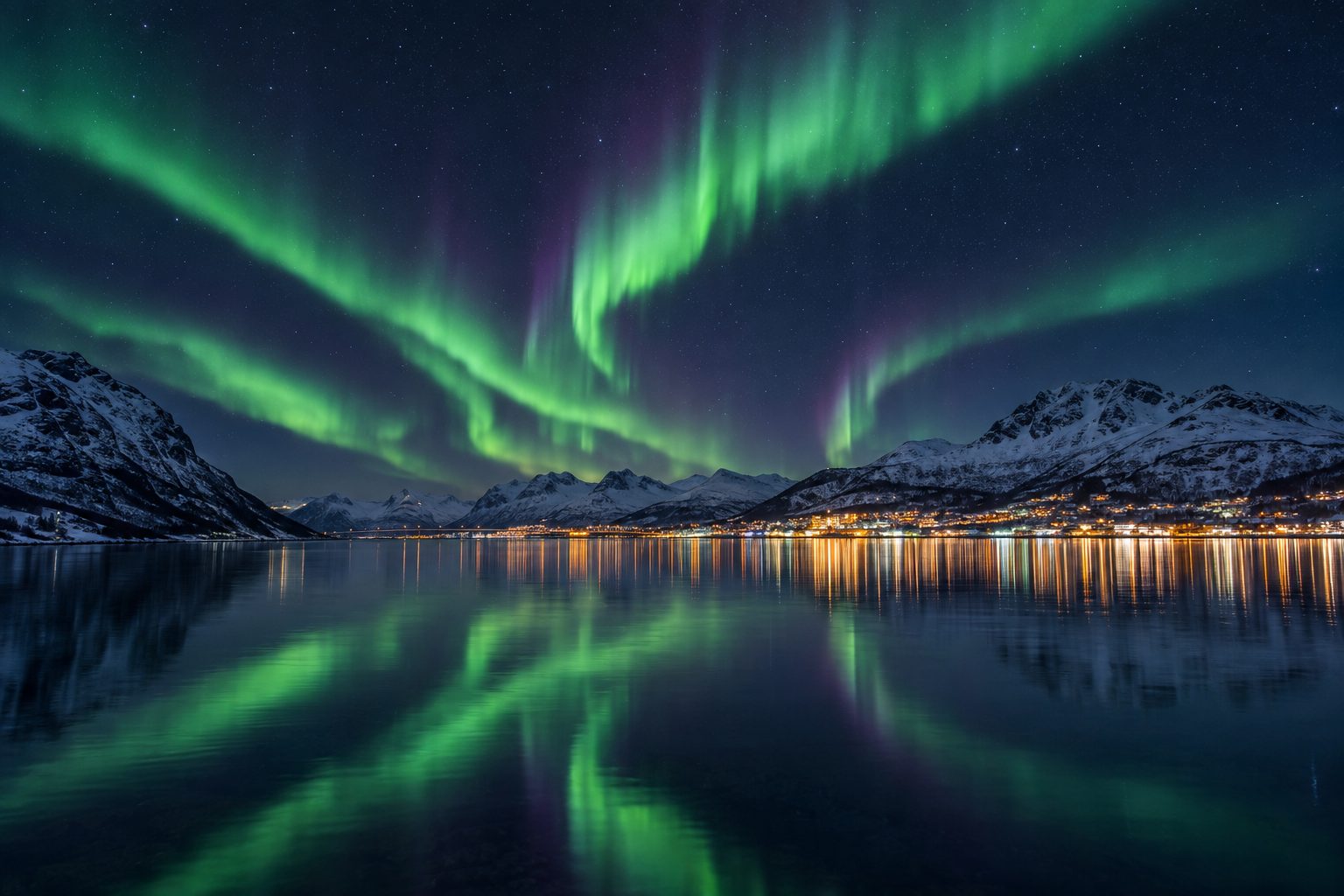 Vivid green ribbons of aurora borealis arc across a clear night sky above a calm Arctic fjord in northern Norway; snow-dusted mountain silhouettes rim the water, the warm distant lights of a small waterfront city glow at the foot of the slopes, and both the aurora and the lights reflect in the still surface.