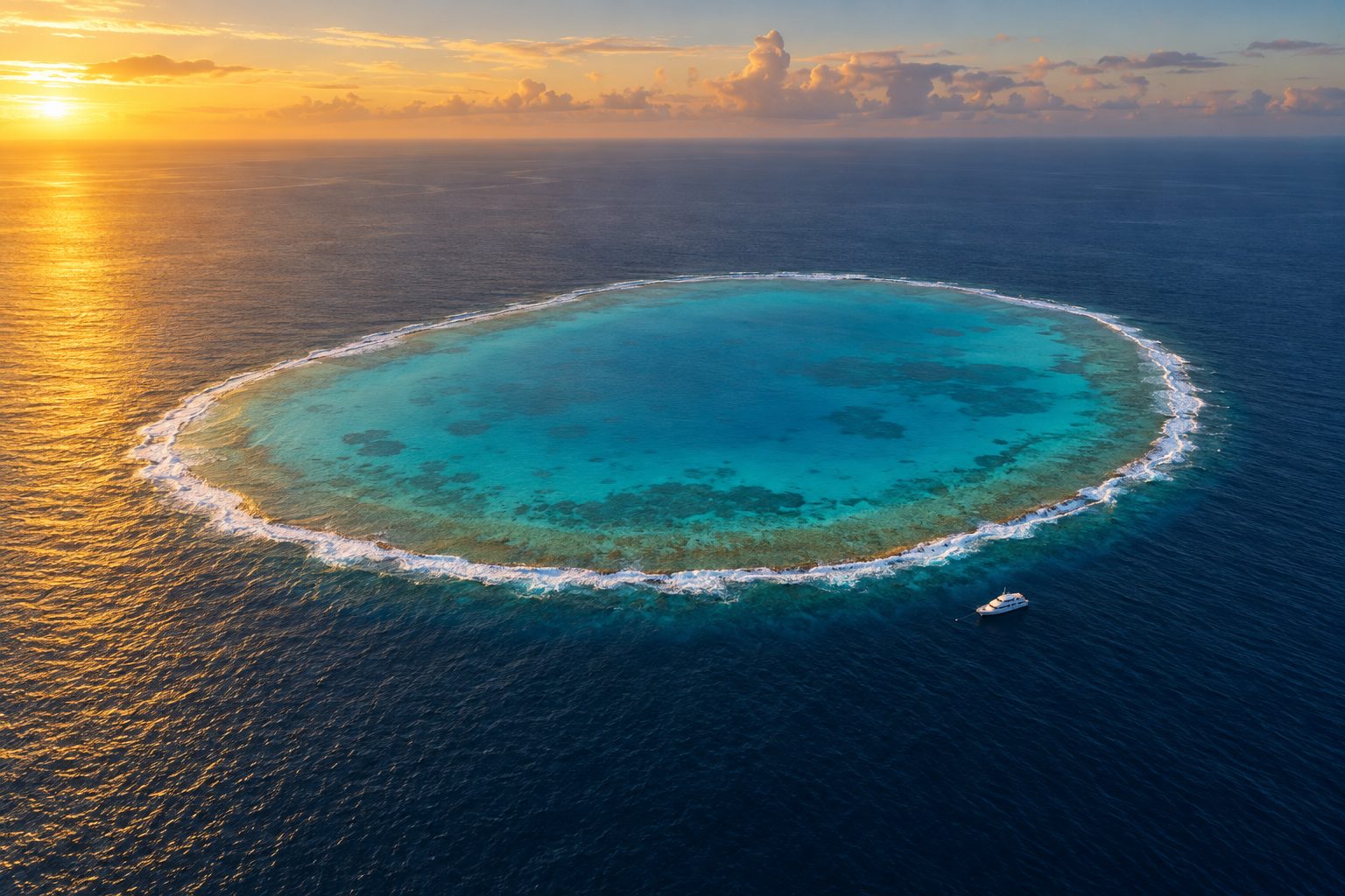 Aerial view at golden hour of a remote coral atoll ring in the Sulu Sea, a turquoise lagoon inside a white line of surf in the foreground and midground, a single small liveaboard boat moored off the reef edge, and deep blue open ocean stretching to a hazy horizon under warm low light, no people.
