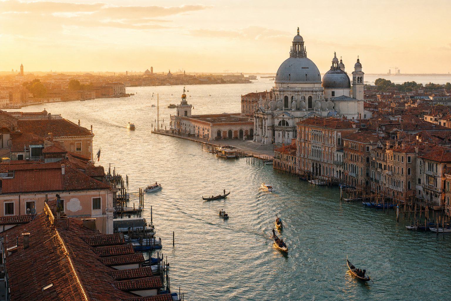 A quiet Venetian canal in the foreground with a black gondola moored beside weathered stone palazzi, a small arched bridge in the midground and warm early-morning light on distant campanili under a clear sky.