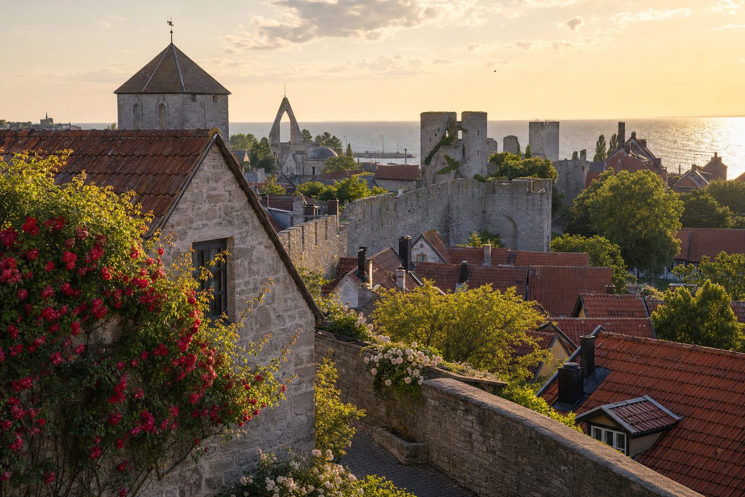 A limestone medieval wall and tower rise from a grassy moat in the foreground, red-tiled roofs and church ruins fill the midground, and the calm Baltic Sea glows under late-afternoon light in the background, with no people.