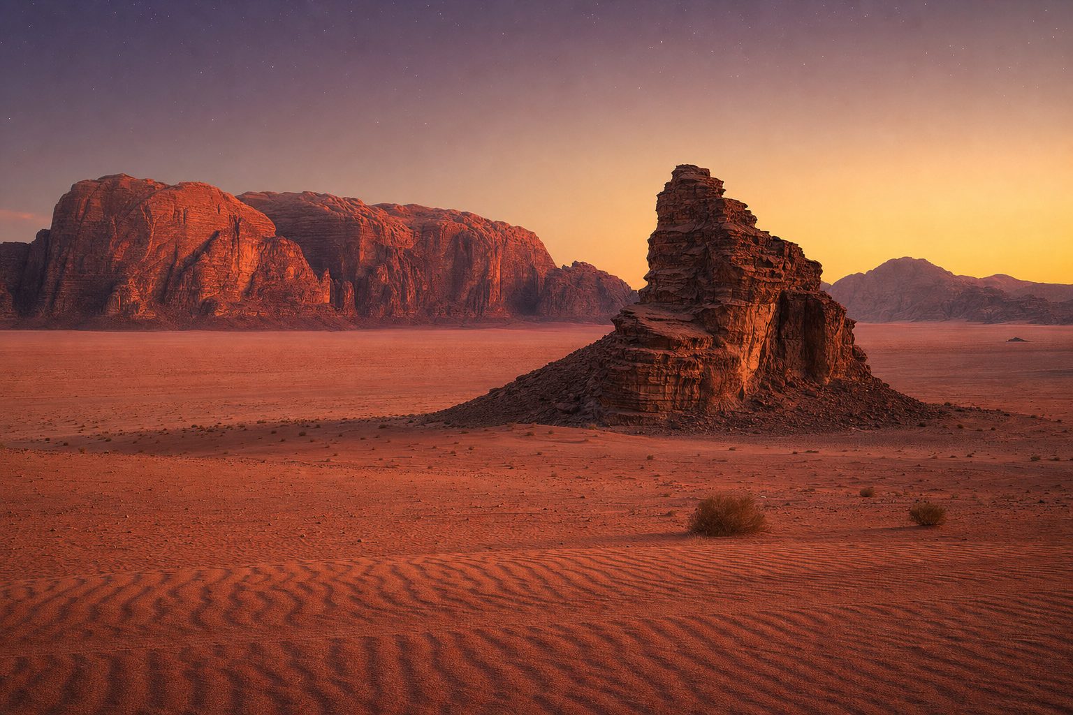 Towering red sandstone cliffs rising above a wide, pale orange desert valley, a lone Bedouin-style tent camp with a fire pit in the midground, star-strewn night sky deepening to indigo above the rock formations.