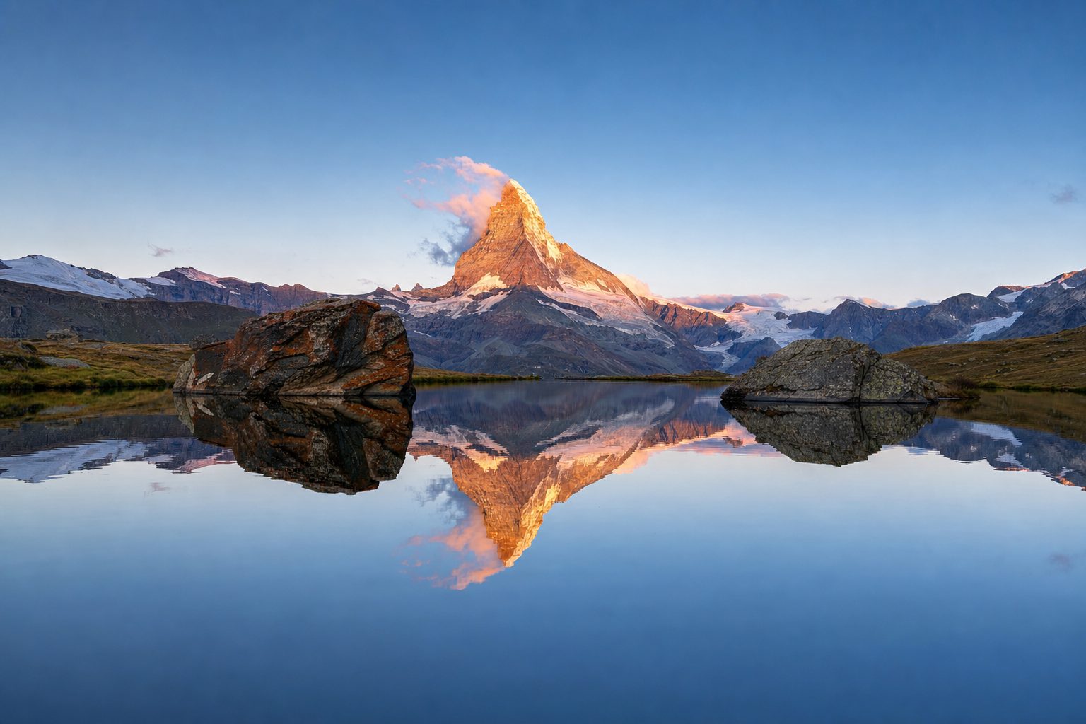 A still alpine lake at dawn reflecting a sharp pyramidal snow-capped peak, with rocky boulders and alpine grasses in the foreground and a pale pink sky brightening behind the summit in the background, no people present.