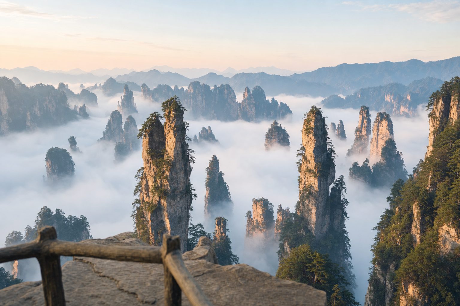 Dozens of slender quartz-sandstone pillars topped with pine trees rise from a sea of white morning mist that hides their bases, seen from a cliff-edge stone viewing platform with a wooden railing in the foreground, layered ridges fading into pale blue haze in the distance under soft golden sunrise light, no people.